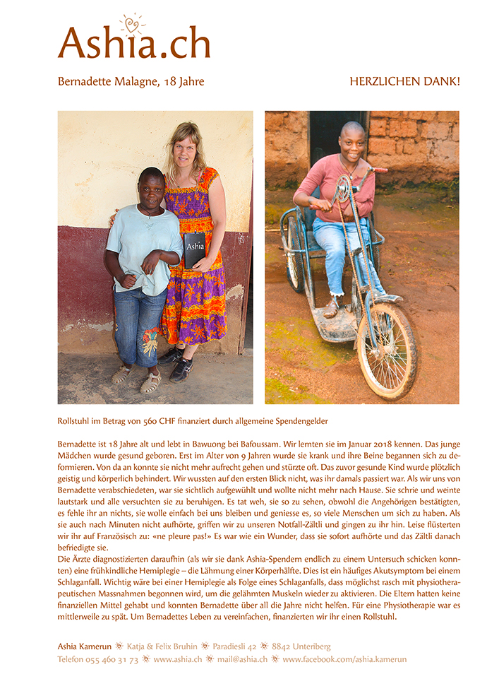 Bernadette Rollstuhl behindertes Mädchen Kamerun Bawuong Bafoussam