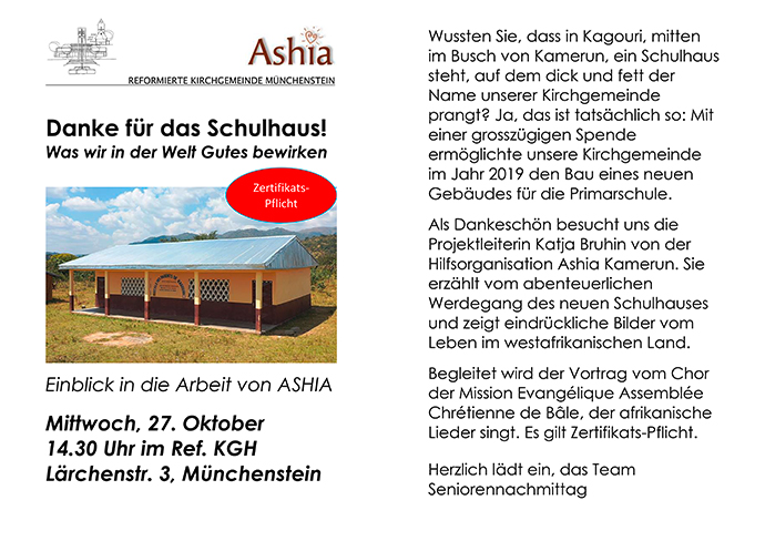 Münchenstein Vortrag Reformierte Kirchgemeinde Ashia Kamerun Kinderhilfswerk