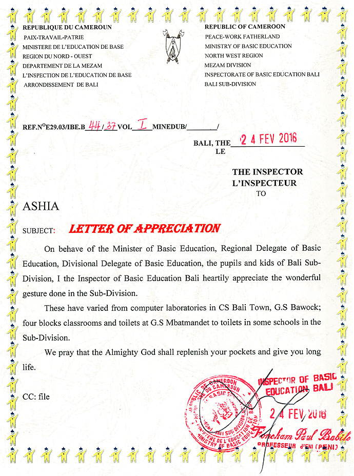 Schulinspektor Letter or appreciation