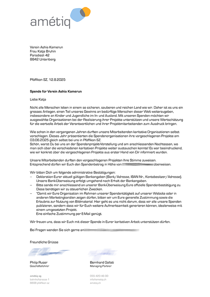 Amétiq Spende Kinderhilfswerk Ashia Kamerun 