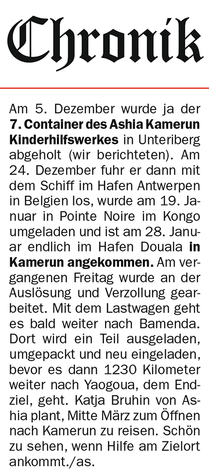 Einsiedler Anzeiger Container Ashia Kinderhilfswerk Kamerun