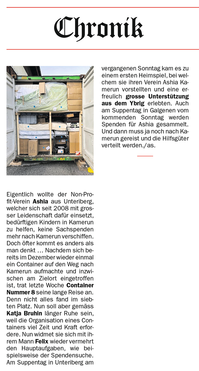 Einsiedler Anzeiger Container Ashia Kinderhilfswerk Kamerun