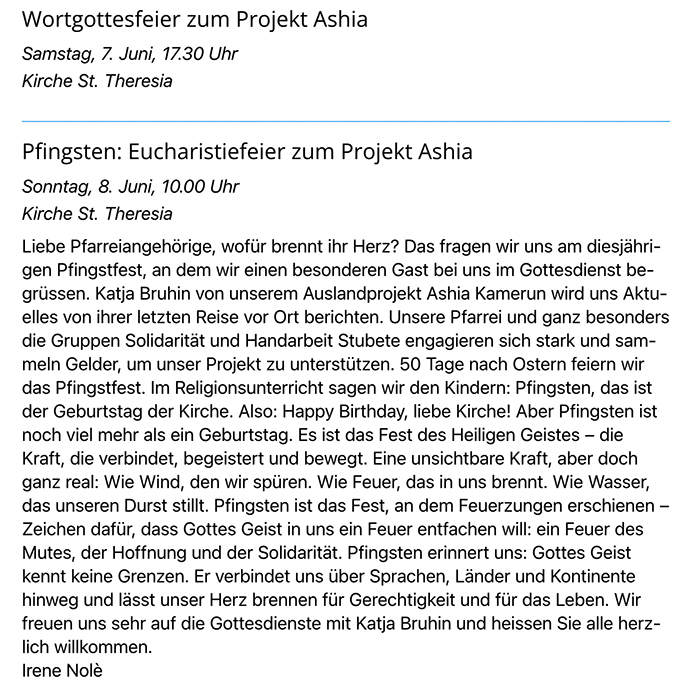 Eucharistiefeier Projekt Ashia Sankt Theresia Zürich Pfingsten