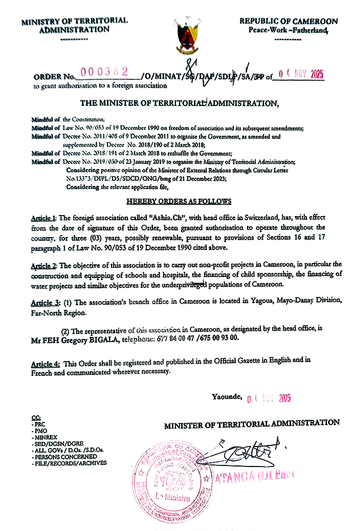 Minister of Territorial Administration Ashia Eintrag Verein Kamerun