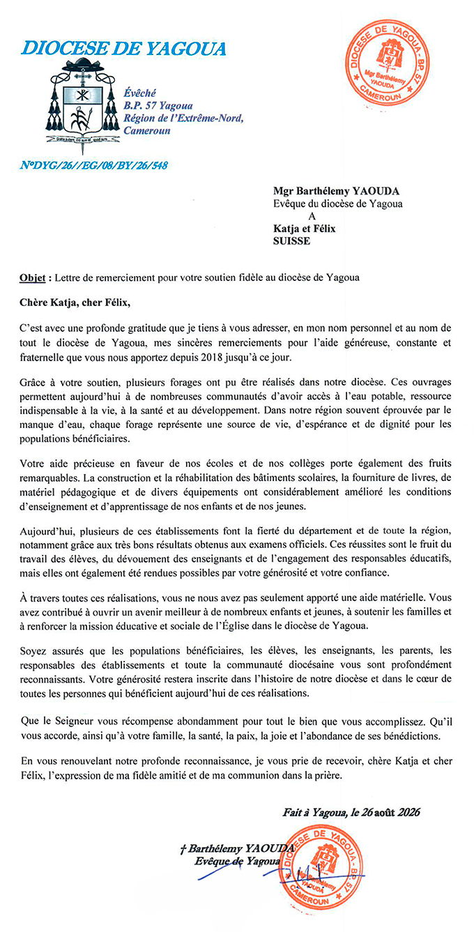 Dankesbrief Yagoua Bischof Diözese Ashia Kamerun