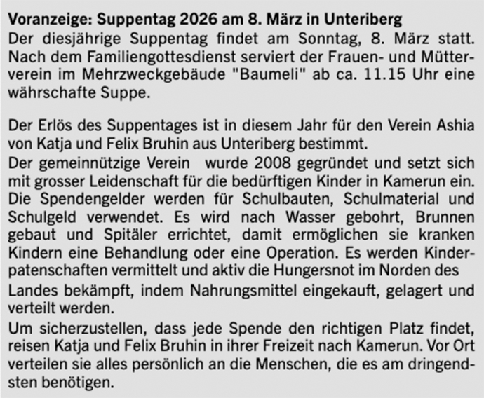 Suppentag Unteriberg Studen Ashia Kamerun Kinderhilfswerk